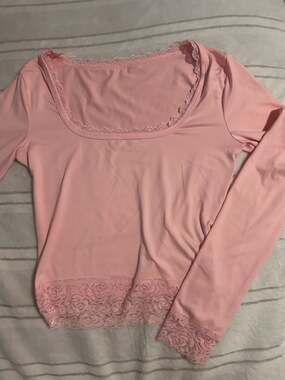 INAWLY Women's light pink square neck long sleeve contrast lace slim tshirt